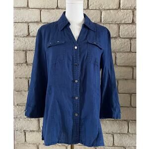 JM Collection Navy Blue 100% Linen Button-Down Shirt – 3/4 Sleeve – Size 6 (M)
